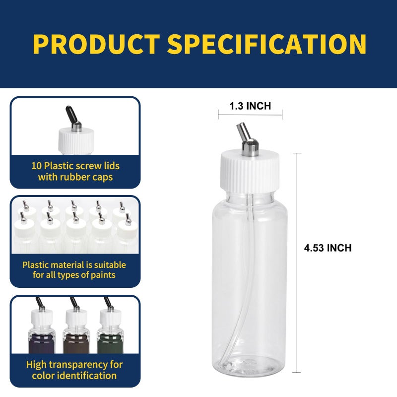 OPHIR 80CC Siphon Feed Airbrush Bottles, 10x Plastic Dual Action Airbrush Paint Bottles with Rubber Caps, Airbrush Accessories Adaptor Jars for Airbrush Paints Storage - Image 3